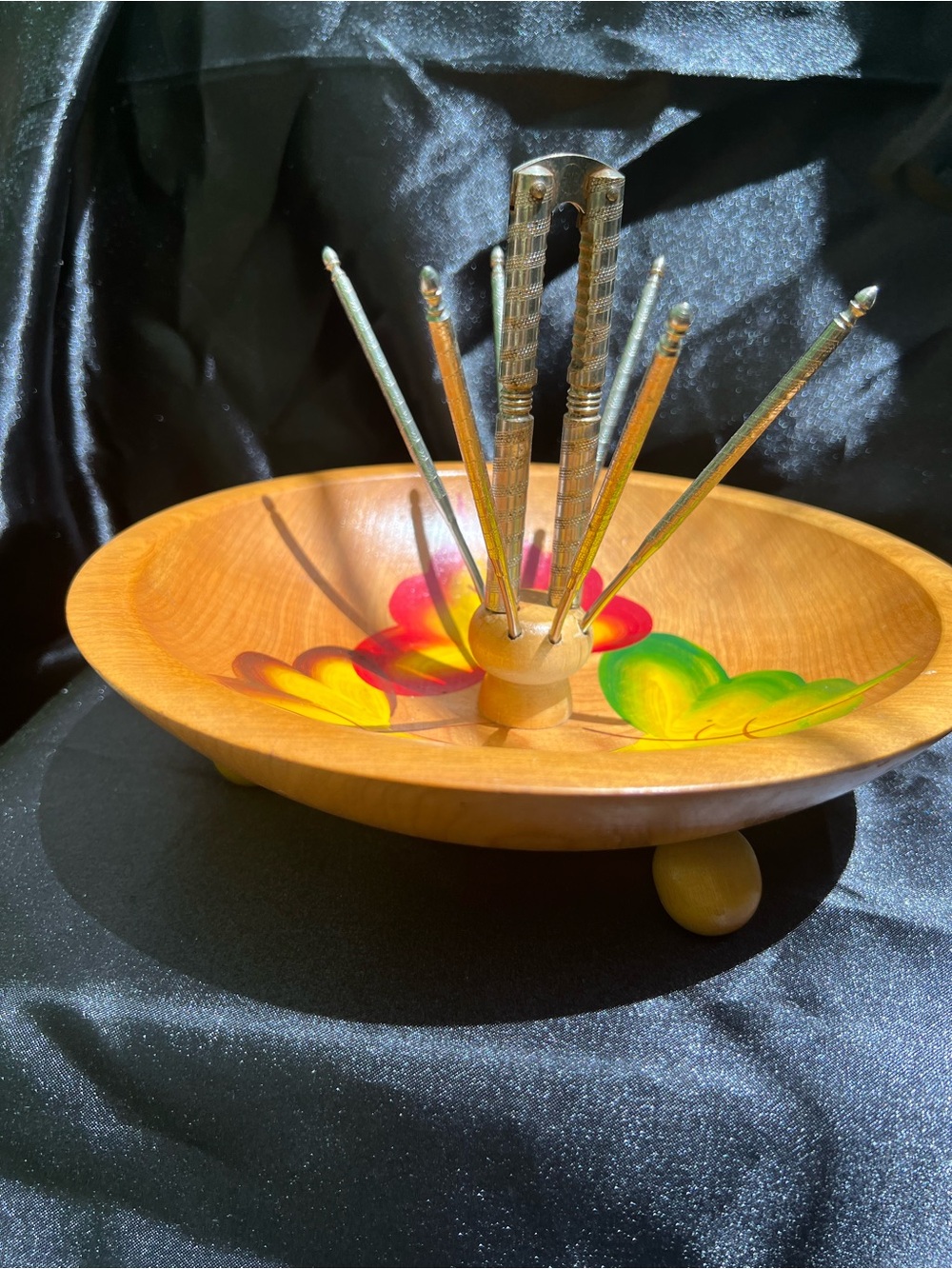 MCM nut bowl nut hand painted rustic decor - - nut picks serving dish VINTAGE